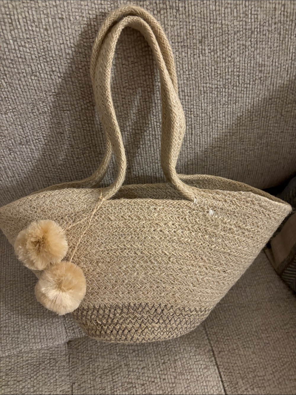 Neutral Beige Woven Tote Bag with Pom-Pom Accents